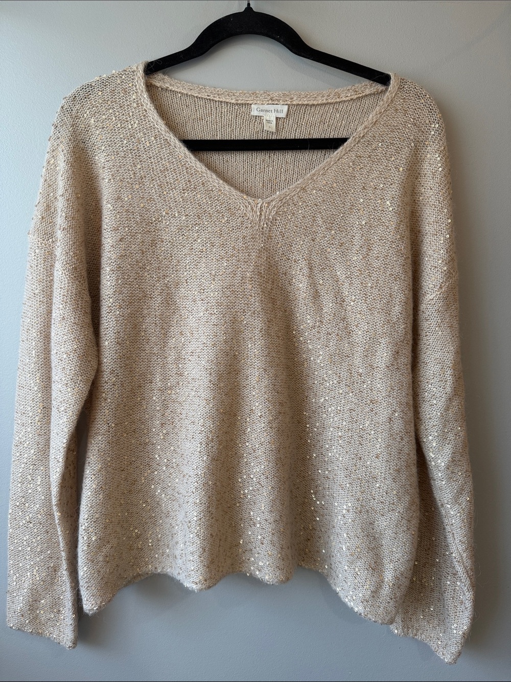 Garnet Hill Cream V-Neck Sequin Knit Sweater wool alpaca blend holiday L